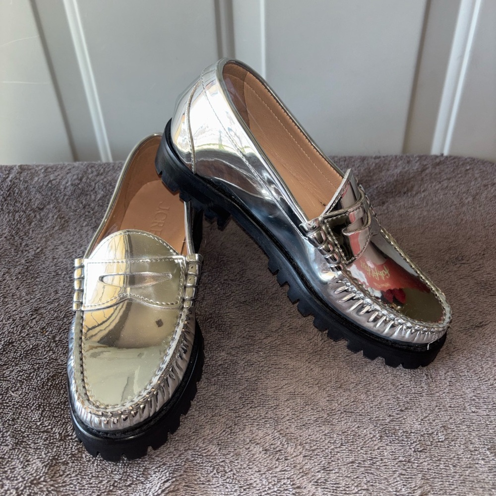 J. Crew metallic silver leather loafers size 5